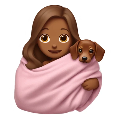 a white woman with long brown hair is cradling her puppy in a pink baby blanket. the puppy is a brown dachshund dog. the woman is smiling with mouth ajar. you can see the woman cradling the puppy like a baby from her waist up.  sticker