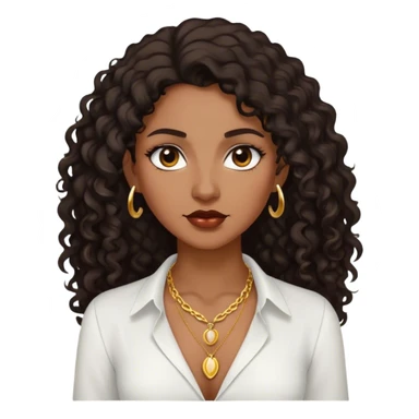 Dark Brown woman with dark curly long hair white dress shirt with gold small necklace no earrings sticker