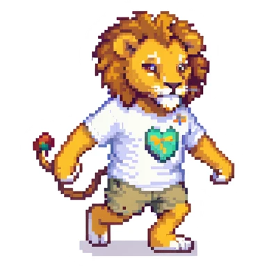 retro 1950s anthropomorphised lion in a t-shirt and shorts walking sticker