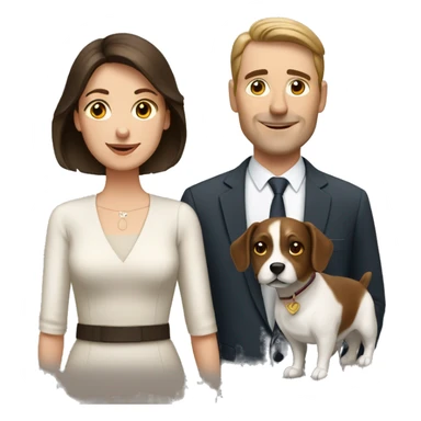 Brunette husband and wife with small white and brown dog sticker