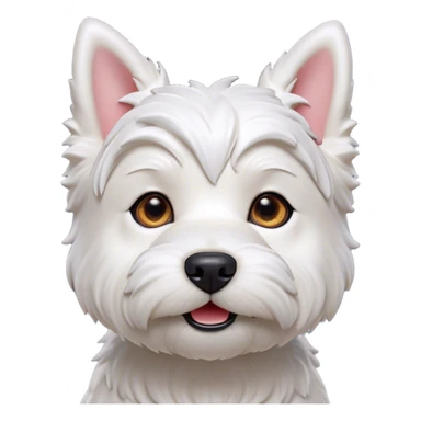 Cinematic Cute West Highland White Terrier Portrait Emoji, Head tilted playfully and inquisitively, featuring a fluffy, immaculate white coat with perky ears, round, sparkling dark eyes filled with curiosity, Simplified yet irresistibly adorable features, highly detailed, glowing with a warm, friendly glow, high shine, affectionate and lively, stylized with a touch of whimsy, bright and endearing, soft glowing outline, capturing the essence of a mischievous yet loving pup, so playful it feels like it could bound out of the screen and into your arms! sticker