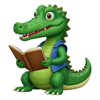 A claymation-style academic alligator with a book. The background is a solid white circle sticker