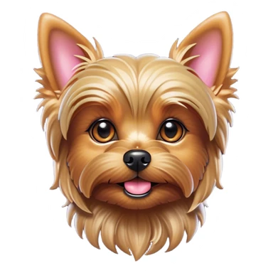 Cinematic Cute Yorkshire Terrier Portrait Emoji, Head perked with bright, twinkling eyes and a perky expression, showcasing a soft, silky fur in rich hues, simplified yet adorably detailed, glowing with a cheerful, inviting glow, high shine, exuding playful intelligence and spunky charm, styled with a gentle, whimsical outline, capturing the essence of a cute Yorkshire Terrier that appears ready to frolic off the screen with irresistible energy! sticker