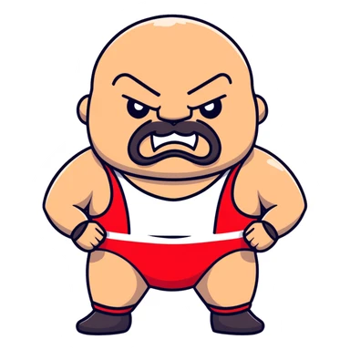 Close-up of extremely fat white skin guy with young face, beard and mustache, no muscle with prominent black durag, black eyes in a red and black wrestling singlet with angry face sticker