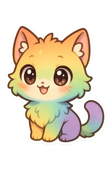 chibi sticker-style rainbow cat, cute and exaggerated sticker