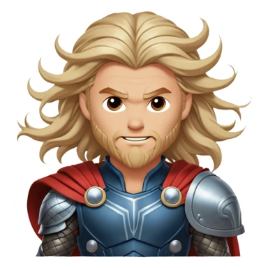 Cinematic Realistic Thor Portrait, head tilted dramatically with an exaggeratedly amused expression, featuring dynamic, flowing hair and eyes twinkling with playful mischief. His intricately rendered armor and the vibrant interplay of natural light evoke a rare glimpse of joviality from the god of thunder, capturing both his strength and his down-to-earth charm. sticker