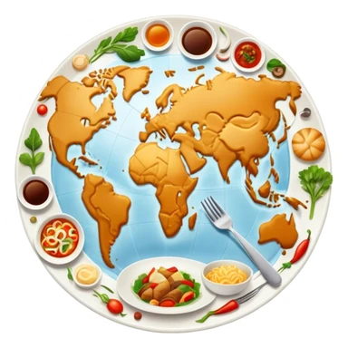 Icon for Culinary Tourism: a world map with food elements like a fork, knife and dish, surrounded by iconic dishes from various countries. The icon should represent the exploration of global cuisines and travel experiences. Transparent background. sticker