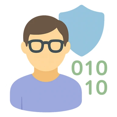 person with glasses in front of a shield and binary code, clean lines, professional, for a cybersecurity expert sticker