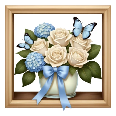 An antique wooden windowsill adorned with an elegant arrangement of white roses and soft blue hydrangeas. A silk bow in muted beige is loosely tied around the bouquet, while a translucent butterfly with pearlescent wings delicately lands on the petals. sticker