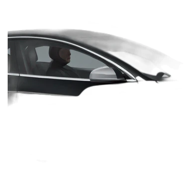 photo-realistic Elon Musk, at the wheel, inside an all black Tesla Model 3, side view sticker