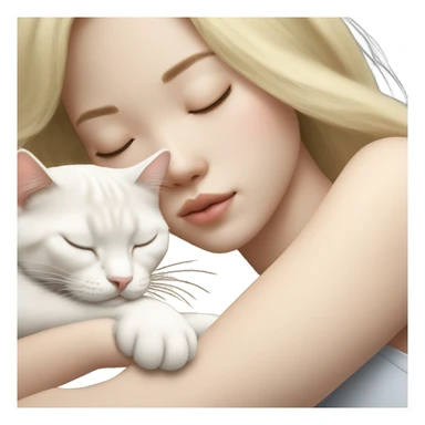 long blonde hair asian girl napping with white cat sticker