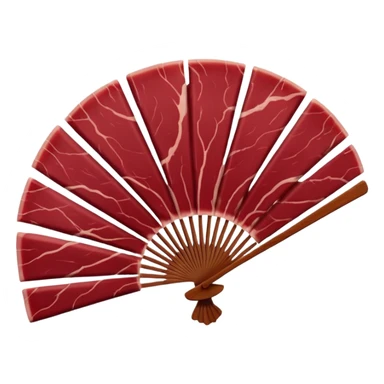 air-dried beef slices, thin, deep burgundy-red, smooth glossy surface, darker curved edges, fine grain, lean texture, slightly overlapping in loose fan, no board, garnish, or packaging, soft lighting, emoji scale sticker