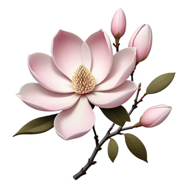 Japanese style Magnolia kobus (kobushi) flower in ukiyo-e inspired design, elegant white petals with subtle pink tinge, bare branches, traditional composition like Japanese woodblock prints sticker