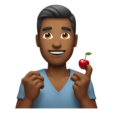 A guy eating two cherries that look like skin sticker