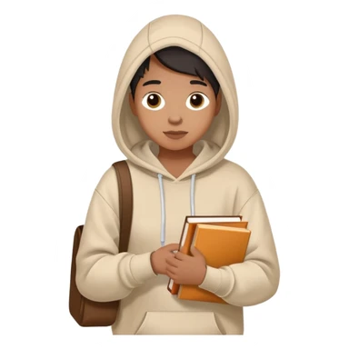 A flat-style illustration of a college student with a tote bag over the shoulder and a book in one hand and coffee. The student wears a hoodie. Clean cartoon style, white background, iOS emoji aesthetic. sticker