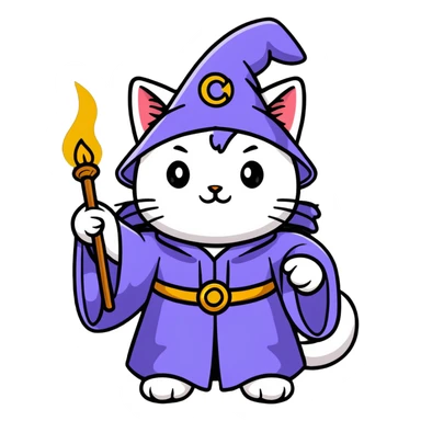A cat wizard casting a spell with magical staff and flowing robes sticker