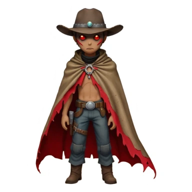 A rugged alien outlaw cowboy with scars and glowing red eyes, torn futuristic poncho, standing in a deserted alien town, dust blowing through empty streets, moody shadows, gritty sci-fi western realism
 sticker