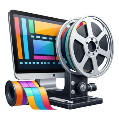 a vibrant and modern icon representing Animation and Motion Design, featuring elements like a film reel, a computer screen displaying animation, dynamic motion lines, and a cinematographic film strip on an editing table. colorful, and dynamic, without any emojis. The background  transparent. sticker