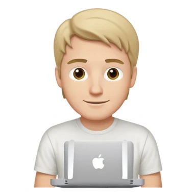 A white man in his mid 20s, middle part average dude with slightly droopy eyes, happy, using a MacBook (no logo), hero for an iOS developers website sticker