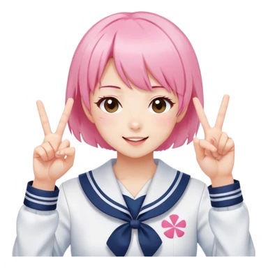 Energetic anime girl with short pink hair wearing Japanese sailor style school uniform, winking and making double peace signs, very cheerful and bubbly, kawaii style sticker