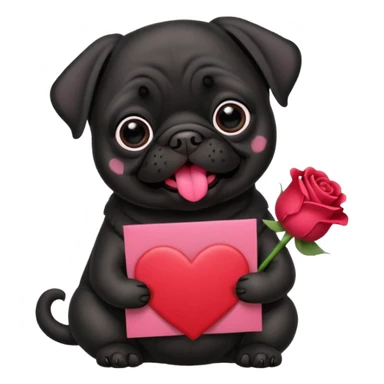 black pug holding valentine’s day card and flowers sticker