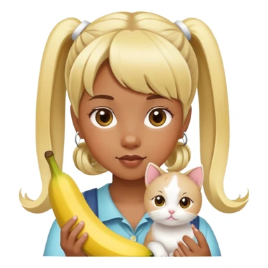 A girl with brownish skin, with blonde two pigtails and banana-styled bangs holding a white kitty sticker