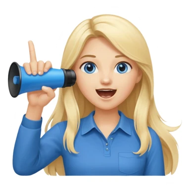  blue eyes blonde girl yelling into megaphone with right hand smiling long hair holding up left first finger sticker