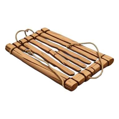 showing a simple wooden raft floating on calm blue water — made of several brown logs tied together with rope — gentle ripples around it — bright, cheerful lighting and soft shadows — minimalist, clean emoji design sticker