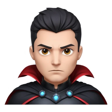 dark sci-fi villain portrait, head and shoulders only, black armor, cape collar, intense eyes, dramatic lighting, 3D cartoon, mobile game icon, clean background, no text
 sticker