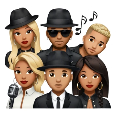 Icon for R&B Music: collage of R&B artists—Victoria Monét, Summer Walker, Usher, Chris Brown, and Muni Long. Each represented by a silhouette or symbolic item like a microphone, fedora, or music notes, reflecting the soul and energy of R&B. Transparent background. sticker