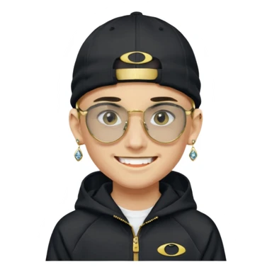 un emoji de un chico emcapuchado blanco, con gorro kalenji, dientes de oro, com uma chaqueta negra nike tech y unas gafas de oakley, con pendientes de diamante, que las gafas sean estilo cuadradas, los pendientes q no se cuelguen, que sean redondos, en las dos cejas un corte sticker