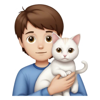 Boy with brown hair holding white cat sticker
