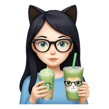 white girl with cat-eye glasses, long black hair and grey-blue eyes holding iced matcha latte sticker