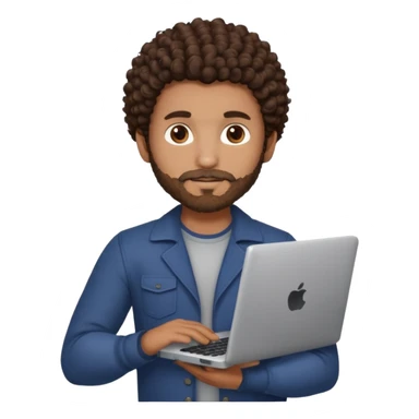 men holding his computer in hands. light brown skin men with curly dark brown hair, brown eyes, little grown beard. ust a tiny bit muscular. dressed casual. round face. sticker