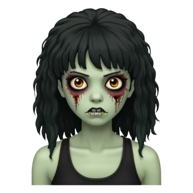 a female zombie with sage green skin, black long afro hair with bangs, and a black tank top  sticker