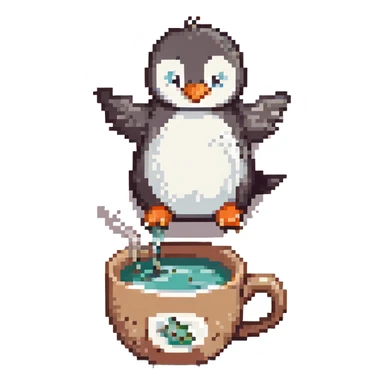 A cute penguin flying in a hot desert, next to a large steaming cup of tea, pixel art style sticker