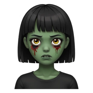 Zombie girl emoji verde escuro com cabelo curto liso preto no ombro e franja na altura da sobrancelha cobrindo completamente a testa, usando uma blusa preta, com a cor dos olhos sendo PRETOS  sticker