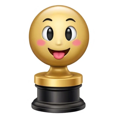 An Oscar statuette with a black base and a smiling round emoji face for the head, with its tongue sticking out. The emoji face should have no rosy cheeks. sticker
