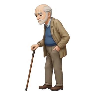 Old man leaning on a walking cane and holding his crancky back with his hand, grumpy face, detailed. Side view with the man going right sticker