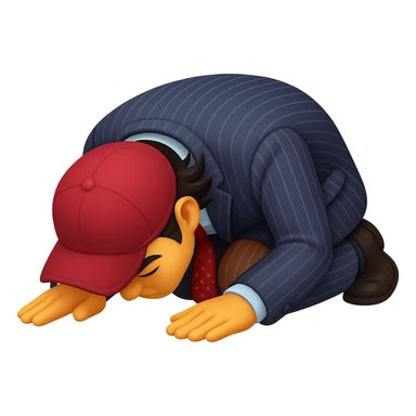 Transform the man in the image into an emoji-style character kneeling down and bowing deeply to the ground with arms and forehead touching the floor, expressing apology or deep respect. The style should be about 80% realistic but still clear, bold, and expressive like standard emojis, capturing the emotion vividly. sticker