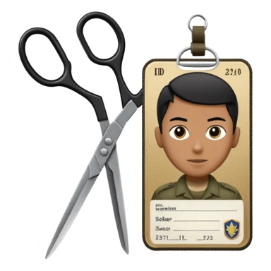 Floating black Scissors cutting an idf soldier ID card in 2 parts .hyper realistic sticker