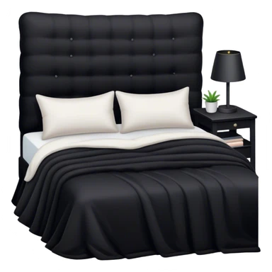 Black bed with pillows and blankets, cozy vibe sticker