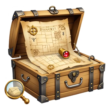 An icon depicting a treasure map with an open chest, surrounded by clues and mysterious symbols. A magnifying glass hovers over the map, symbolizing the thrill of discovery and adventure. Set on a transparent background, it should evoke the excitement of solving puzzles and exploring new worlds. sticker