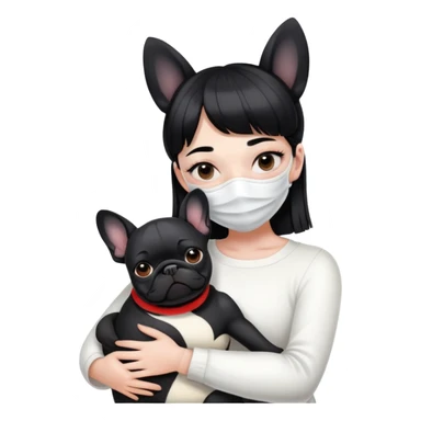 girl with short black straight bangs hair wearing a white mask and hugging a black French bulldog sticker