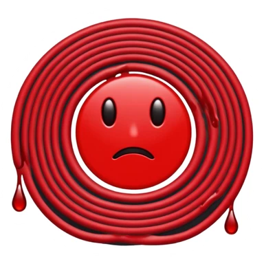 Minimalist emoji-style sticker of a coiled red carpet with drops of blood on the floor around it. Flat design, black and desaturated red tones, no perspective, bold lines. sticker
