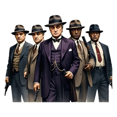 A vintage movie poster-style design featuring Don Vito Corleone surrounded by gangsters with Tommy guns. Include a dark, moody noir atmosphere with skyscrapers of New York in the background. The scene should be tense and mysterious, with a retro cinematic feel. Transparent background. sticker