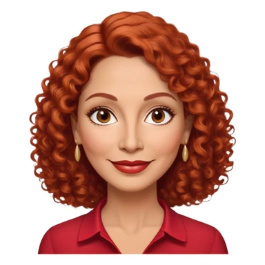 Puerto Rican actress in her 50s with elongated face, soft features, highlighted cheekbones, friendly warm smile, medium almond-shaped brown eyes, defined medium eyebrows, straight fine nose, medium lips with accessible smile, vibrant red curly hair with artistic styling, wearing a solid red blouse sticker