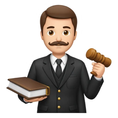 “Create a clean, modern emoji-style illustration of a male lawyer. He is wearing a formal suit jacket. He is holding a judge’s gavel in one hand and has a law book tucked under his arm. He has a mustache and beard! sticker