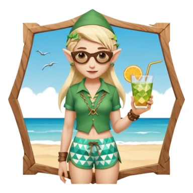 elf female legolas portrait, patterned board shorts (geometric/abstract), unique wooden-framed sunglasses, undercut hairstyle, slight smirk, visible pointy ears, no background, centered emoji, hipster summer vibe coctails with hat sticker