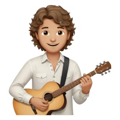 male memoji, man with wavy hair, white linen shirt, holding a guitar, dreamy smile, artistic lover vibe sticker